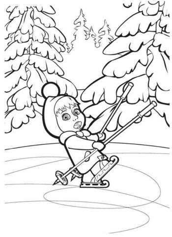 Раскраска Маша и лыжные палки